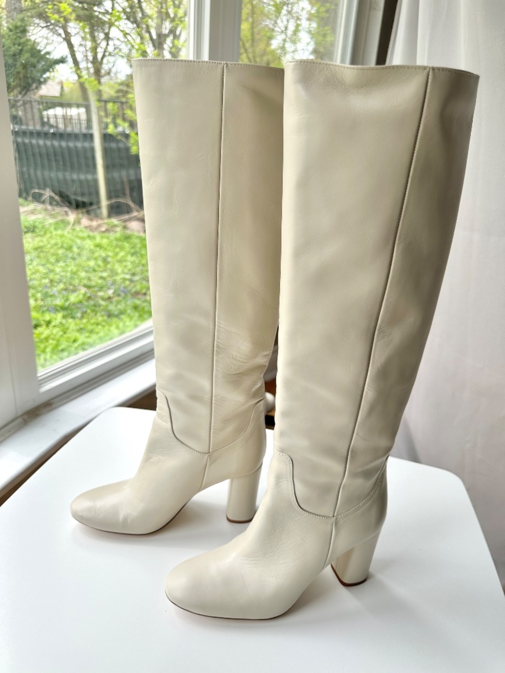 NWT Zara Off-white Cream Bone Knee-high Leather Boots Size 37 US 7 - Picture 2 of 9